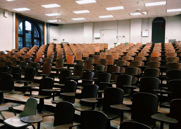 A view of empty chairs in an auditorium.